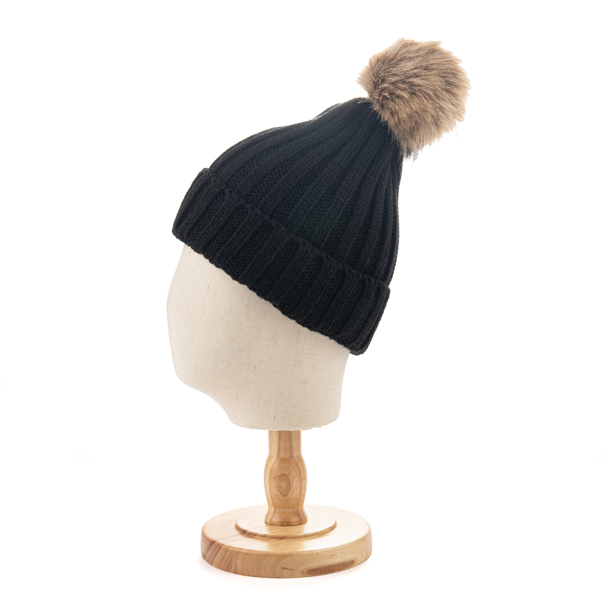 Ribbed Cuff Beanie With Pom Pom