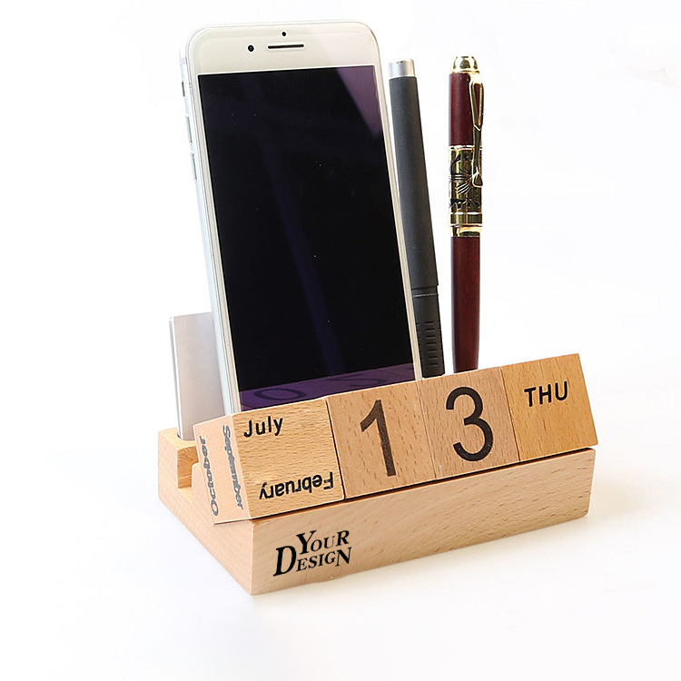 Wooden Blocks Perpetual Calendar With Pen Holder