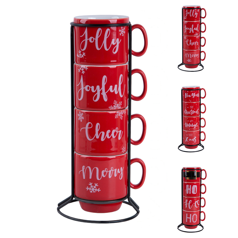 Stackable Ceramic Mugs Set with Stand